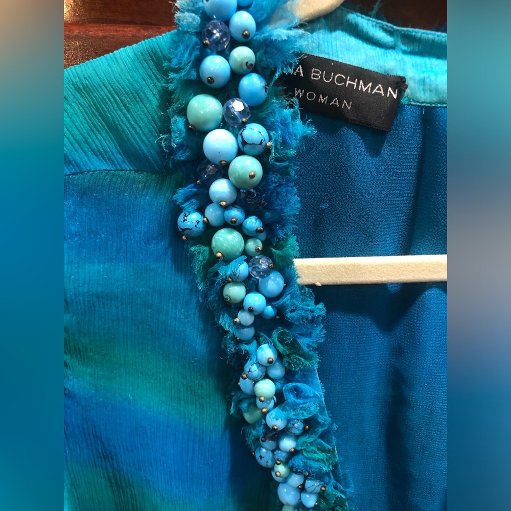 2/$30 NWT Dana Buchman Sheer Beaded Chiffon Tunic Top Sz 14 Blue Teal - Picture 10 of 16